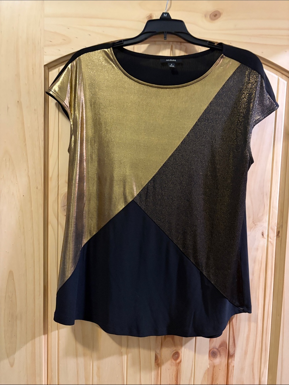Alfani Gold and Black Metallic Colorblock Short Sleeve Top